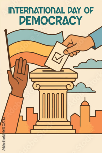 International Day of Democracy: Illustration showing a person casting their vote, representing participation in democratic values with a raised hand and colorful flag symbolizing freedom