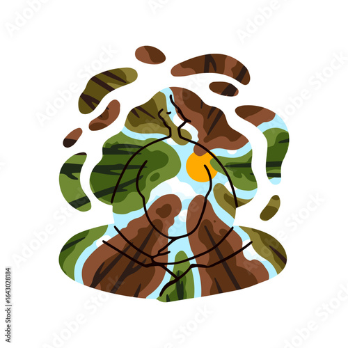 Concept of meditation. Landscape is in female silhouette in yoga pose. Zen and harmony with nature. Practice of awareness. Woman sits in asana. Flat isolated vector illustration on white background