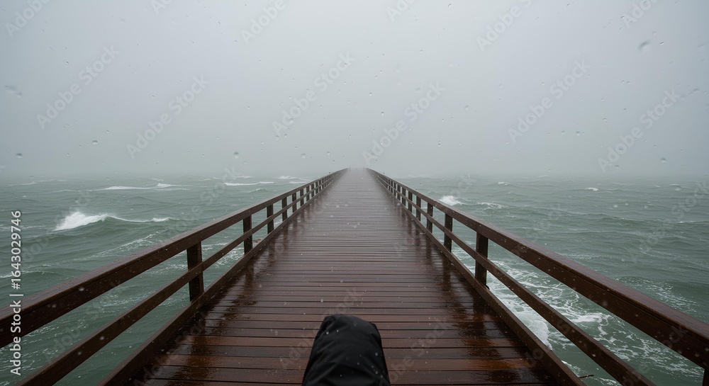 Fototapeta premium Wooden Pier Extending Into A Stormy Gray Sea, Tropical Storm Erin