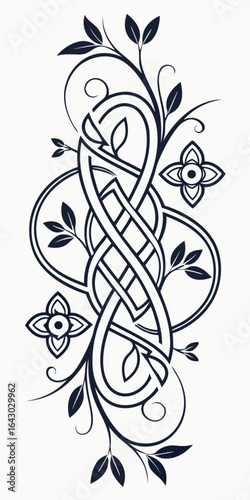 Minimilist elegant celtic knot design with floral accents and intertwined branches and symmetrical flowers artfully arranged vector