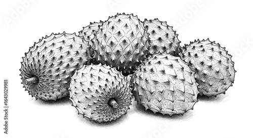 Captivating hand-drawn soursop arrangement showcasing intricate textured details