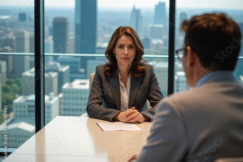 A senior female detective with a focused expression interviews an employee in a conference room during a corporate investigation.