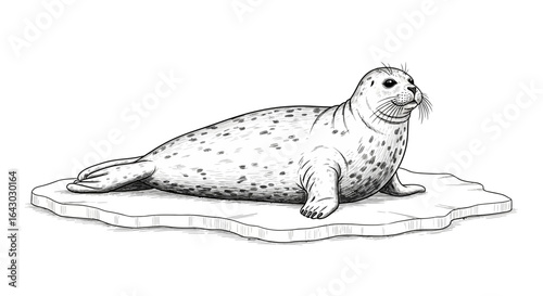 Charming hand-drawn illustration of a spotted seal resting on ice floe