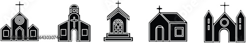 Church building icon set. A collection of flat black vector illustrations representing various church structures in a simple design.Stroke and perfect pixel isolated on transparent background.