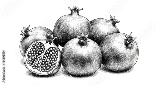 Detailed Ink Drawing of Pomegranates Grouped Together in Artistic Arrangement