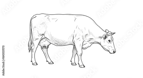 Detailed Line Art Depiction of a Cow Grazing on a Plain White Background