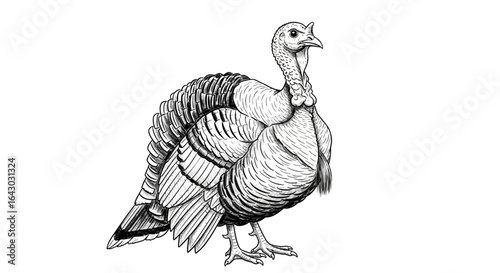 Detailed line art illustration showcases a majestic turkey's detailed plumage