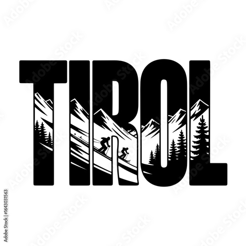 Beautiful mountain landscape with skiers in the Tirol region featuring stunning peaks and evergreen trees