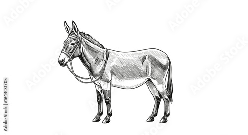 Detailed monochrome drawing of a donkey with harness in a standing pose