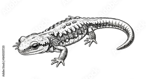 Detailed monochrome drawing of a rough skinned newt on transparent background