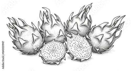 Detailed monochrome drawing showcasing a group of exotic dragon fruits