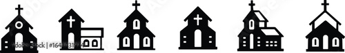 Church building icon set. A collection of flat black vector illustrations representing various church structures in a simple design.Stroke and perfect pixel isolated on transparent background.