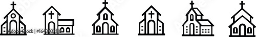 Church building icon set. A collection of flat black vector illustrations representing various church structures in a simple design.Stroke and perfect pixel isolated on transparent background.