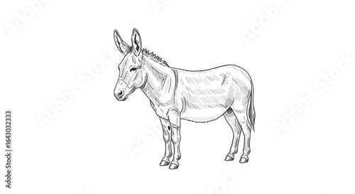 Detailed monochrome illustration of a standing donkey in a white background