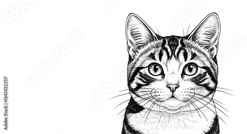 Detailed monochrome illustration of a striped cat with expressive eyes