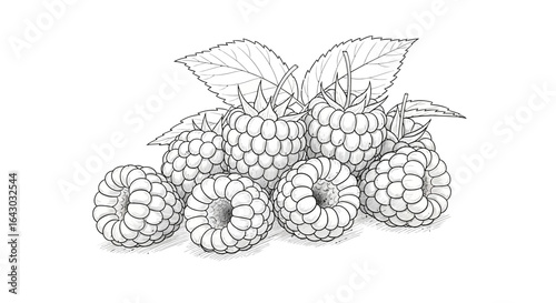 Detailed monochrome illustration of fresh raspberries with leaf accents