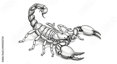 Detailed monochrome scorpion illustration with menacing claws and tail