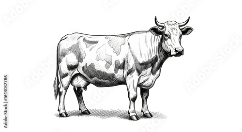 Detailed monochrome sketch of a Holstein cow standing attentively