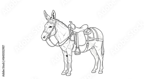 Detailed outline illustration of a donkey with riding saddle and bridle