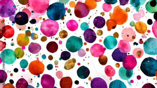 Colorful falling confetti on white background, seamless carnival pattern. Carnival polka invitation. Falling festive dot background. Multicolored confetti carnaval design.