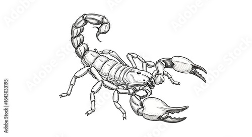 Detailed scorpion sketch illustration with prominent claws and segmented tail