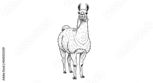 Detailed Sketch of a Llama with Bridle on a White Background for Print