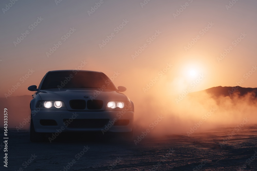 Fototapeta premium Car drifting at sunset with dust, motorsport photography concept