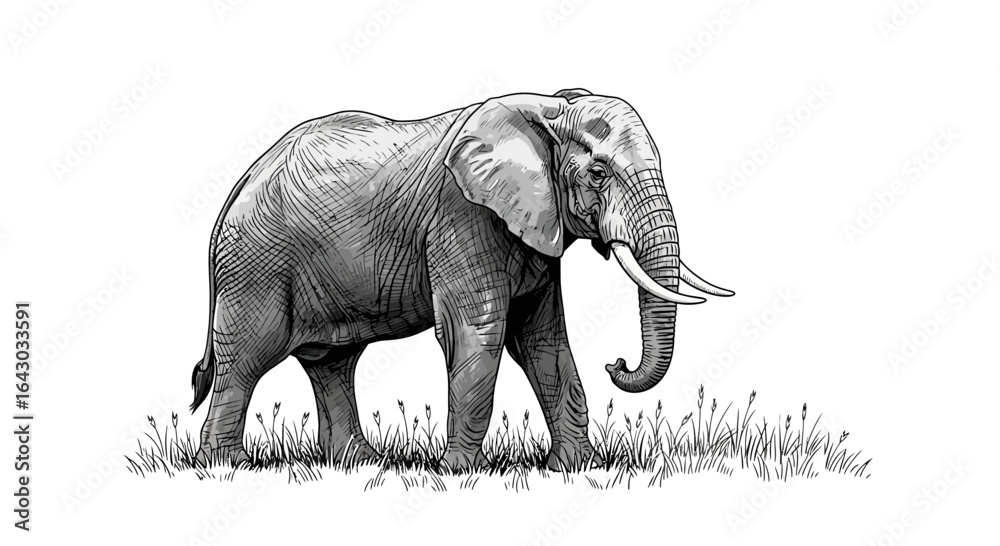 Fototapeta premium Detailed sketch of majestic elephant walking through grass field art