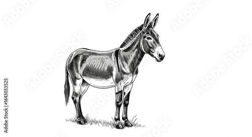 Detailed Sketch of a Standing Donkey in Black and White Artistic Style