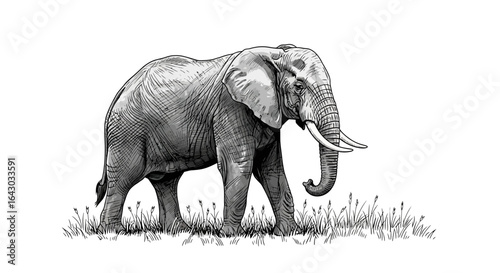 Detailed sketch of majestic elephant walking through grass field art
