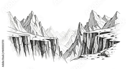 Dramatic mountain landscape sketch with towering cliffs and distant peaks