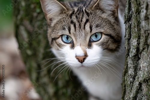 Wallpaper Mural Closeup of blue eyed tabby cat peeking from behind tree, Focused gaze Torontodigital.ca