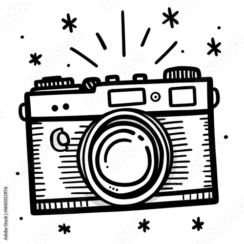 Retro camera doodle, black and white, vintage style