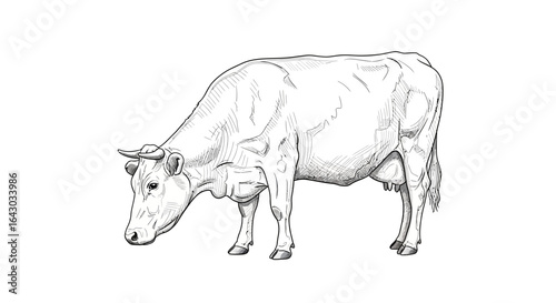 Elegant detailed line art drawing featuring a grazing dairy cow in a meadow