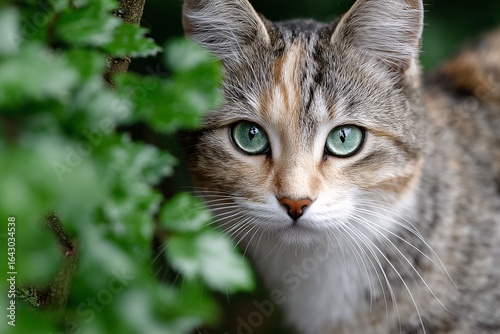 Wallpaper Mural Closeup portrait of green eyed tabby cat with orange and brown fur, Peeking through green foliage Torontodigital.ca