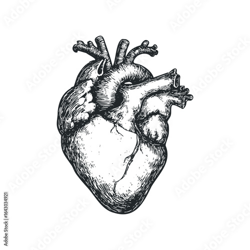 Detailed Black and White Rendering of a Human Heart with Intricate Textures