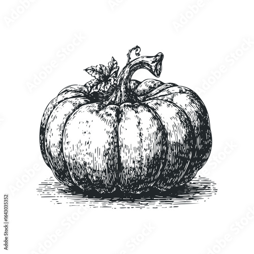 Detailed sketch of a ripe pumpkin with leaves and stem