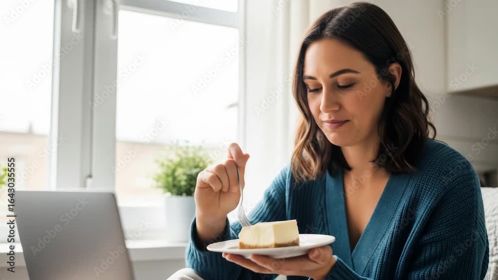 Woman Enjoying Delicious Cheesecake at Home Woman Enjoying Delicious Cheesecake at Home
