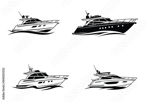Four luxurious yachts sailing side by side on the open sea, isolated on white background, showcasing their sleek design and powerful engine for a thrilling adventure