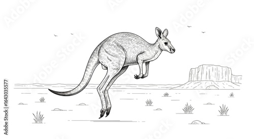 Enigmatic illustration of a kangaroo bounding across the Australian outback