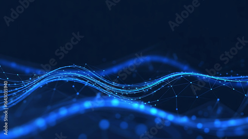 Abstract blue glowing digital wave pattern with particles on a dark background representing data flow and technology
