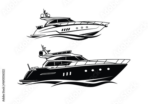 Two luxurious yachts sailing side by side on the open sea, isolated on white background, showcasing their sleek design and powerful engine for a thrilling adventure