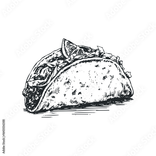 Hand Drawn Sketch of a Savory Taco with Fresh Toppings