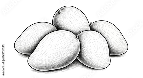 Hand-drawn monochrome illustration of a cluster of ripe mango fruits