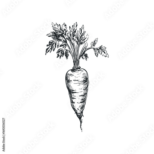 Sketch of fresh carrot with leafy green top isolated on white background