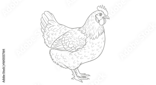 Intricate line drawing of a domestic chicken, farm animal concept art