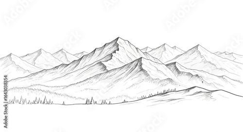 Monochromatic Mountain Range Panorama with Evergreen Forest in a Serene Landscape