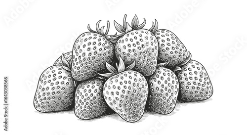 Monochromatic strawberries illustration in detailed hatching technique