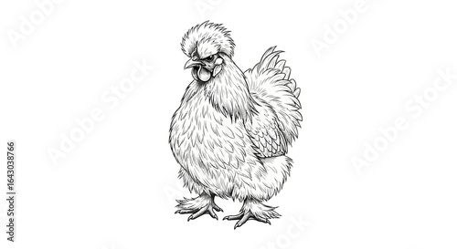 Monochrome depiction of a fluffy silkie chicken with intricate feather detail