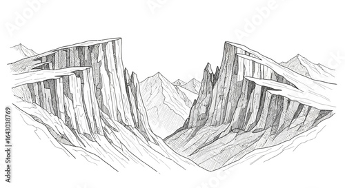 Monochrome canyon vista sketching with jagged cliff faces and mountain peaks
